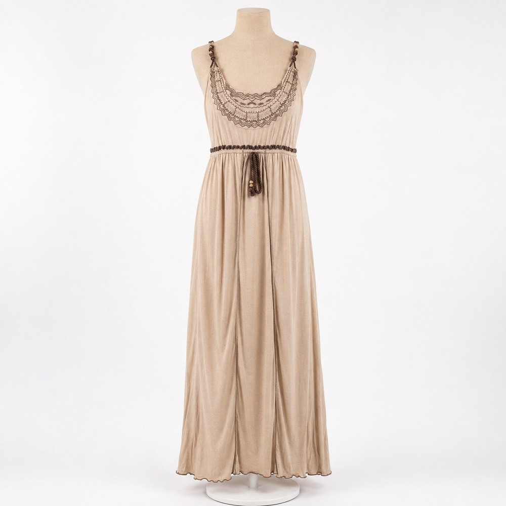 Vintage Y2K Embroidered Maxi Dress Size S Tan Boho Cottagecore Indie Sleeveless